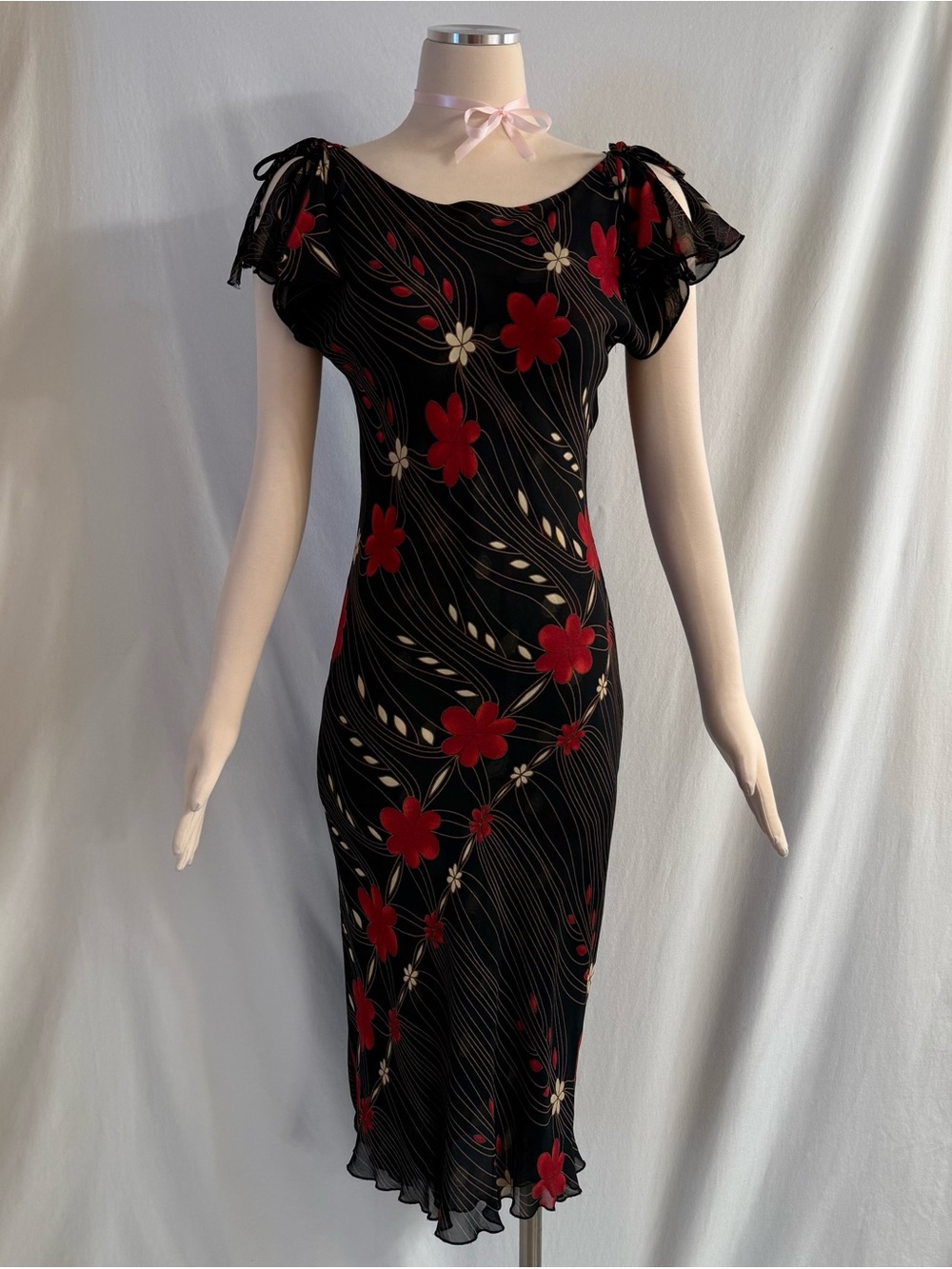 Vintage Y2K Black & Red Floral Midi Dress